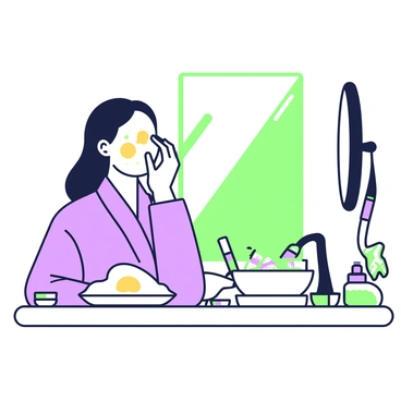 A person is seated at a vanity, applying a fried egg face mask to their face. They have long hair pulled back neatly, wearing a comfortable bathrobe. The vanity is cluttered with beauty products and tools, including brushes, jars, and mirrors. On the counter, there is a small plate with a fried egg resting beside a bowl filled with a mixture for the mask. Soft light filters into the room, illuminating the person's focused expression as they carefully smooth the mask onto their skin.