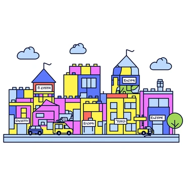 A city constructed from colorful LEGO blocks, each representing different enzymes. The buildings exhibit a variety of shapes and sizes, with intricate designs that mimic the diverse functions of enzymes. Streets are lined with LEGO trees and small vehicles, all maintaining the vibrant color palette of the LEGO blocks. Each building is labeled with "Enzyme" signs, clearly marking their purpose in this miniature city. The sky is filled with a few fluffy LEGO-clouds, enhancing the playful atmosphere of the scene.