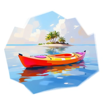 A vibrant kayak with bright colors is floating gently on calm ocean waters. The surface of the water is smooth, reflecting the soft light from the sky above. In the distance, a small island with lush greenery and a few palm trees is visible on the horizon. The atmosphere conveys a sense of tranquility, with gentle waves lapping against the sides of the kayak. The sky is clear, and the sunlight casts a warm glow on the scene.