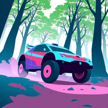 A dynamic rally car with a sleek design and bold graphics is weaving through a dense forest path. The car features oversized tires, a bright color scheme, and a sponsor logo prominently displayed on its side. It kicks up dirt and leaves as it navigates the winding road, creating a cloud of dust behind it. Surrounding the path are tall, lush trees with thick trunks and vibrant green foliage, casting dappled sunlight onto the ground. The atmosphere is filled with a sense of speed and adventure as the car skillfully maneuvers through the natural landscape.