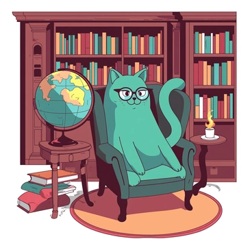 A teal cat with wise, expressive eyes is seated in an antique armchair within a Victorian study. The cat is wearing a small, round pair of spectacles perched on its nose. Surrounding the cat are towering bookshelves filled with colorful books, some stacked on the floor and others neatly organized. A large globe sits on a wooden stand next to the armchair, showing various countries and oceans. The ambiance is warm and inviting, with rich wooden paneling and a plush rug underfoot. A flickering candle on a nearby table adds a soft glow to the scene.