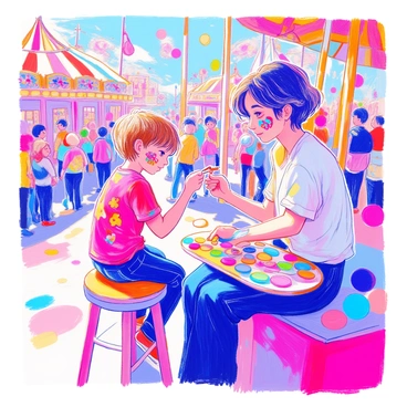 A child is sitting on a stool at a fair, eagerly watching as a face painter applies a colorful butterfly design on their cheek. The child has short brown hair and is wearing a bright red t-shirt with a playful pattern. The face painter, with a focused expression, is using a palette of vibrant face paints, holding a brush in one hand and a sponge in the other. Surrounding them, there are colorful balloons and a small crowd of excited fairgoers. In the background, a cheerful carousel can be seen spinning, adding to the lively atmosphere of the fair.