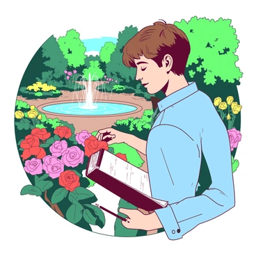 An illustrator is walking through Lancaster's botanical gardens, holding a sketchbook and a pencil. The illustrator has short brown hair and is wearing a light blue shirt. Surrounding them are various colorful flowers in full bloom, with vibrant green leaves creating a lush background. The sunlight filters through the trees, casting soft shadows on the ground. A small fountain can be seen in the distance, surrounded by pink and yellow blossoms. The illustrator pauses to observe a cluster of red roses, capturing the beauty of the moment in their sketchbook.
