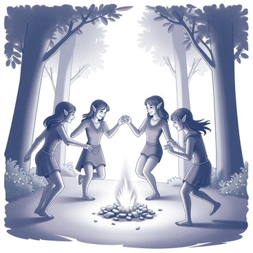 A group of elves engaged in a celebration within a lush glade. They are dancing joyfully around a glowing bonfire that emits light and shadows in the surrounding area. The elves are adorned in intricate clothing, with features that highlight their pointed ears and delicate facial structures. Some elves are holding hands while others are spinning in circles, their hair flowing gracefully. The glade is filled with tall trees, with leaves forming a dense canopy above, allowing beams of light to filter through. The ground is covered with vibrant foliage, and small flowers can be seen scattered throughout the scene.