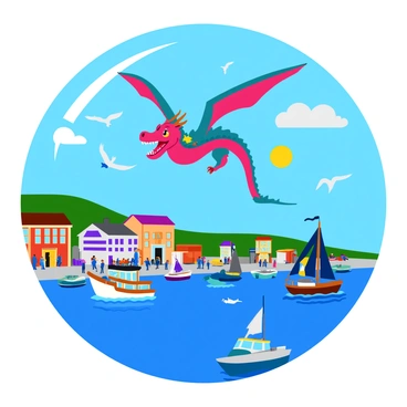 A large, colorful dragon with shimmering scales is soaring through the blue sky. Below, a bustling harbor is filled with various ships of different sizes, including sailboats and cargo ships, all anchored in calm waters. The harbor is surrounded by buildings and bustling people, engaging in activities along the docks. The sun is shining brightly, casting vibrant reflections on the water's surface. Seagulls are flying around, adding to the lively atmosphere of the scene.