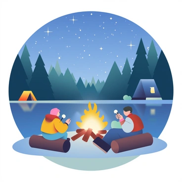 A group of three campers is gathered around a glowing campfire beside a tranquil lake at night. The campers are sitting on logs, wearing warm jackets, and roasting marshmallows on sticks. Above them is a clear night sky filled with bright stars, shining vividly. The lake reflects the starlight, creating a shimmering effect on the water's surface. In the background, tall pine trees frame the scene, their silhouettes dark against the starry sky. A small tent is pitched nearby, illuminated by a soft light from inside.