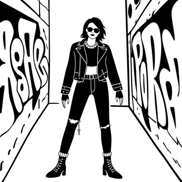 A fashionista wearing a punk style outfit composed of a black leather jacket adorned with spikes, along with ripped skinny jeans. Chains dangle from the jacket and belt, adding an edgy detail. The outfit is completed with studded boots and fingerless gloves. The fashionista stands confidently, surrounded by a backdrop of graffiti-covered urban walls.