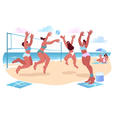 A group of friends is engaged in a game of beach volleyball on Bournemouth beach. The friends are in mid-action, leaping to hit the volleyball over the net. They are wearing colorful swimwear, and their bodies are illuminated by bright sunlight. The sandy beach is visible beneath them, with beach towels and a cooler nearby. There are beach umbrellas and other beachgoers lounging in the background. The ocean waves are crashing gently against the shore, creating a lively atmosphere filled with energy and excitement.