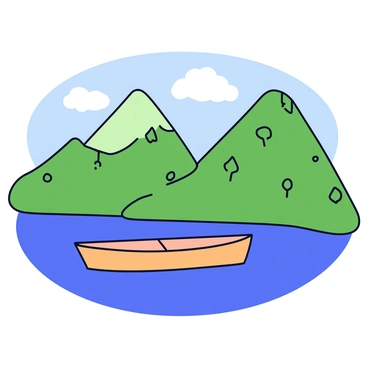 A small wooden boat floating on the surface of blue water. The boat has a simple design with a smooth, polished finish. Surrounding the boat are tall, lush green mountains that rise sharply against the sky. The mountains are dotted with patches of trees and vegetation, creating a rich tapestry of green hues. The sky is clear with a few soft white clouds.