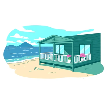 A simple bungalow with a teal wooden exterior is situated on a sandy beach. The bungalow features a spacious veranda with white railings, adorned with potted pink flowers. From the veranda, there is an unobstructed view of an endless ocean that sparkles in the sunlight. Distant islands are visible on the horizon, casting soft shadows against the blue sky. Gentle waves lap at the shore, adding a sense of tranquility to the scene.