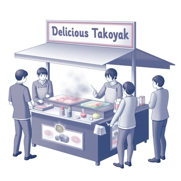 A bustling takoyaki stand with a vibrant atmosphere. The stand is adorned with colorful banners featuring Japanese characters and images of the delicious takoyaki. A vendor stands behind the counter, expertly flipping octopus balls in a hot, round griddle. Steam rises from the cooking takoyaki, creating a tantalizing aroma. Customers gather around the stand, eagerly waiting to receive their orders. A small sign displays the words "Delicious Takoyaki" in bold, eye-catching letters. Various condiments, such as takoyaki sauce and bonito flakes, are arranged neatly on the counter, ready to be added to the freshly made octopus balls.