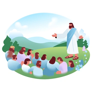 Jesus is standing on a gently sloping hillside, delivering the Sermon on the Mount. He is dressed in a long, flowing robe with a simple mantle draped over his shoulder. The crowd in front of him consists of men, women, and children sitting on the grass, all facing toward him with rapt attention. Some individuals have their hands resting on their knees, while others are leaning forward, captivated by his words. The landscape features rolling hills in the background, dotted with trees and wildflowers, under a clear blue sky. Sunlight casts soft rays illuminating the scene.
