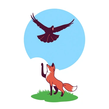 A black crow with outstretched wings is taking flight into a clear blue sky. Below, a reddish-brown fox is standing on a patch of green grass, looking up with its ears perked and tail raised. The fox appears to be waving goodbye with its front paw extended. The sunlight is illuminating the scene, highlighting the vibrant colors of the fox's fur and the crow's glossy feathers.