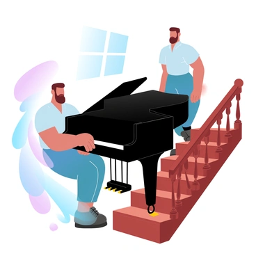Two movers are carefully carrying a grand piano down a flight of stairs. The piano, polished and black, has elegant curves and shining brass hardware. Each mover is dressed in a uniform, one on the left, holding the front end of the piano, and the other on the right, supporting the back. Their expressions reflect concentration as they navigate the staircase. Surrounding them is a wooden staircase with a rich grain, and a banister that runs alongside the steps. Soft light filters through a nearby window, casting gentle shadows on the scene.