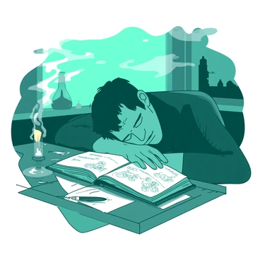 A teal Victor Frankenstein is asleep at a wooden desk, his head resting on an open book. The pages of the book are yellowed and filled with intricate sketches and notes. Dreamlike mist swirls around him, creating an ethereal atmosphere. The desk has scattered papers and a quill nearby, with the faint glimmer of a candle casting soft light on the scene. In the background, shadows of laboratory equipment are faintly visible through the mist, adding to the mysterious setting.