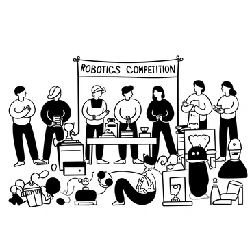 A group of students standing proudly behind their various robots on display at a school robotics competition. The robots come in different shapes and sizes, some with intricate designs featuring gears and wires. There are tables set up in front of the students, showcasing additional components and tools for building robots. A banner hangs above them, displaying the words "Robotics Competition". Nearby, an audience of fellow students and teachers watches intently, some taking notes or recording videos. Various trophies and certificates are displayed prominently on a separate table, highlighting achievements in robotics.