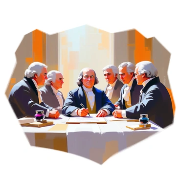 A historical scene depicting "Benjamin Franklin" in the act of signing the "Declaration of Independence." He is surrounded by several prominent "Founding Fathers," including "Thomas Jefferson," "John Adams," and "George Washington." The setting is a large, elegant room adorned with colonial-style furnishings. The atmosphere is filled with a sense of importance and urgency as the men are engaged in deep discussion. Franklin is portrayed with a quill in hand, poised over the document. Each figure has distinct expressions reflecting determination and pride. The table is covered with parchment and inkwells, adding to the historical context of the moment.
