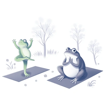 A small green frog and a brown toad are positioned on separate yoga mats, each performing different yoga poses. The frog is balancing on one leg in a tree pose, while the toad is in a seated position with its hands resting on its knees in a meditation pose. In the background, there are several trees with leafy branches, and soft grass covers the ground. A few flowers are visible nearby, enhancing the natural environment. The scene conveys a peaceful atmosphere as both the frog and toad focus on their practice.