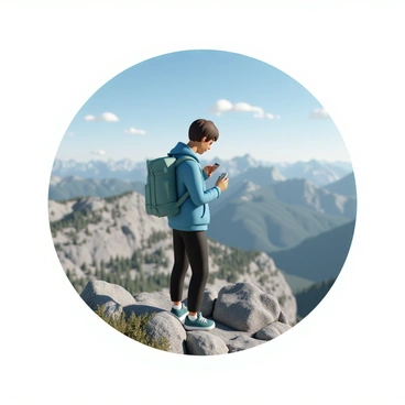 A hiker, wearing a blue jacket, black pants, and sturdy hiking boots, stands at the summit of a rugged mountain. The hiker has short brown hair and is looking intently at their smartphone, holding it with both hands. The background shows a breathtaking panoramic view of surrounding peaks, dotted with patches of green trees and rocky terrain. The sky above is clear and blue, with a few wispy clouds, while the sunlight casts a warm glow on the mountain landscape. The hiker's backpack rests on the ground nearby, indicating a long trek to reach this vantage point.
