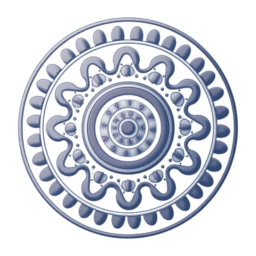 A circular mandala design centered on the canvas. The mandala is intricately detailed, showcasing a variety of mehendi patterns. These patterns include swirling vines, floral motifs, and geometric shapes that radiate outward from the center. The outer edges of the mandala feature smaller, repeating designs that create a sense of harmony. The lines and shapes are precise, with a focus on symmetry and balance throughout the composition. The overall design is enclosed within a circular border, enhancing the mandala's structure and visual appeal.