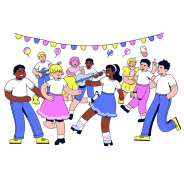 A group of teenagers is dancing enthusiastically at a 1950s sock hop. The boys are wearing white T-shirts with rolled sleeves, while the girls are dressed in poodle skirts with colorful designs. The setting includes colorful decorations such as streamers and balloons hanging from the ceiling. A live band is positioned at the front, with musicians playing guitars and a saxophone. The dance floor is lively, with couples spinning and laughing. Bright, cheerful lights illuminate the scene, creating a vibrant atmosphere.