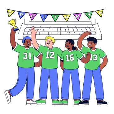 A group of four parolees wearing matching green jerseys with white numbers. They are standing together, smiling and raising their arms in celebration. One of them is holding a trophy above their head. The background features a simple bleacher setup, filled with a few spectators. A colorful banner that says "Victory!" is hanging above them. The scene captures a moment of joy and camaraderie among the group.