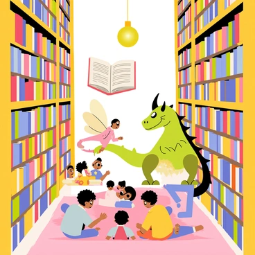 A whimsical library filled with tall, colorful shelves overflowing with books. Various characters from storybooks are scattered throughout the space. A knight in shining armor is beside a dragon with shimmering scales, both engaged in a lively discussion. A fairy with delicate wings hovers above a group of children, who are sitting on a large, plush rug, eagerly listening to a talking cat wearing glasses. In the background, an animated book is floating in mid-air, pages turning as if being read. A glowing orb of light illuminates the scene, creating a vibrant atmosphere of enchantment and wonder.