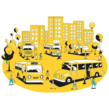 A bustling city street filled with cartoon-style buses, each exhibiting distinct personalities. One bus has big, friendly eyes and a wide smile, while another sports a frown and crossed arms, resembling a grumpy character. A cheerful bus with a bright yellow body is full of colorful balloons tied to its side mirrors. Nearby, a bus with a stylish design and sunglasses is posing as if showing off. The backdrop features tall buildings with windows reflecting the lively scene, and pedestrians are walking along the sidewalks, interacting with the animated buses.