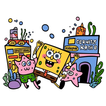 A lively street scene in Bikini Bottom featuring a bright, colorful underwater environment. "SpongeBob SquarePants" with a square yellow body, big blue eyes, and wearing a white short-sleeve shirt with a red tie and brown square pants, is joyfully walking alongside "Patrick Star," a pink starfish with big eyes, wearing green floral shorts. They are surrounded by various buildings, including the iconic "Krusty Krab" and "Chum Bucket," with bubbles floating around them. Other sea creatures can be seen in the background, contributing to the bustling atmosphere of the underwater town, while colorful corals and seaweed add to the vibrant setting.
