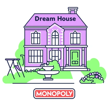 A detailed illustration of a "dream house" monopoly property. The house is large and features multiple levels with ornate architectural details. It has a vibrant facade with large windows and a stylish entryway that includes decorative columns. Surrounding the house, there is a manicured lawn with flower beds and a pathway leading to the front door. Additionally, there are unique elements such as a large fountain in front and a vibrant play area with a swing set to one side. A "Monopoly" game logo is evident at the bottom of the property card, along with the property name written in bold letters at the top.