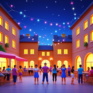 A nighttime scene in Montpellier featuring colorful string lights hanging overhead. People are gathered in a lively outdoor plaza, enjoying the atmosphere. A group of individuals is dancing joyfully, moving to the rhythm of music that fills the air. The buildings surrounding the plaza are illuminated, showcasing their architectural details. Some people are seated at tables, sipping drinks and engaging in conversation. A vibrant backdrop of stars twinkles in the night sky above.