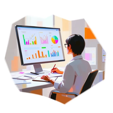A researcher with short dark hair and glasses, focusing intently as she analyzes market trends. She is seated at a modern desk, surrounded by multiple printed charts and graphs. A large digital screen displays dynamic data visualizations, including line graphs and pie charts. The room is well-lit, emphasizing the various documents scattered on the desk and the vibrant colors of the data on the screen. A notepad and pen are within reach, indicating her active engagement with the information.