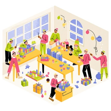 An interior view of Santa's workshop filled with lively activity. Various elves are engaged in crafting toys, with some working on a wooden train set while others are painting colorful dolls. There are large tables cluttered with tools, paintbrushes, and toy parts. In one corner, an elf is carefully wrapping gifts in shiny paper, tying them with bright red ribbons. The walls are adorned with festive decorations, including strings of lights and ornaments. Snow can be seen falling through a window, adding to the cheerful atmosphere.