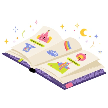 A whimsical book with a vibrant, ornate cover, featuring intricate patterns in various colors. The book is open with its pages turning magically, floating in the air. Each page reveals different wishes depicted in colorful illustrations, such as "a castle in the clouds," "a rainbow unicorn," and "a garden of sweets." Sparkles and starbursts surround the book, adding a sense of enchantment to the scene. Each unique wish is highlighted with bold lettering, making the wishes pop against the background of the turning pages.