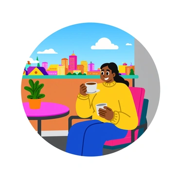 A person sitting on a balcony, holding a warm cup of coffee in their hands. The individual is wearing a cozy sweater and has a content expression on their face. In the background, there is a vibrant cityscape with tall buildings and colorful rooftops under a clear blue sky. The balcony has a small table with a beautiful plant on it, adding a touch of green. Sunlight casts a warm glow over the scene, enhancing the cozy atmosphere.