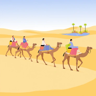 A silk road caravan crossing the Sahara desert, consisting of several camels loaded with colorful goods. The camels are walking in a line, with their handlers riding atop some of them, dressed in traditional attire. The sandy landscape is expansive, with rolling dunes under a bright blue sky. In the background, a distant oasis is visible with palm trees and a shimmering pool of water. The goods include vibrant silk fabrics, clay pottery, and woven baskets, creating a contrast against the golden sand. The caravan is portrayed in motion, capturing the essence of trade and adventure along the historic Silk Road.