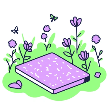 A mat is placed on the grass in a garden setting. The mat has a textured surface with a patterned design. Surrounding the mat, there are various flowers blooming in different shapes and sizes, with vibrant petals. Butterflies are fluttering around, some perched on the flowers while others are in mid-flight. The garden has a variety of greenery, with leaves of different shapes and sizes adding depth to the scene.
