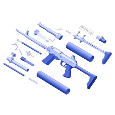 An exploded view of a machine gun is displayed with all components separated for clarity. Each part is intricately detailed, including the barrel, receiver, bolt, trigger mechanism, and magazine. Each individual component is clearly labeled with text indicators pointing to them. The layout is organized so that the parts are arranged in an easily understandable manner, allowing for a comprehensive examination of the machine gun's structure and internal workings. The background is simple, emphasizing the focus on the machine gun and its components.