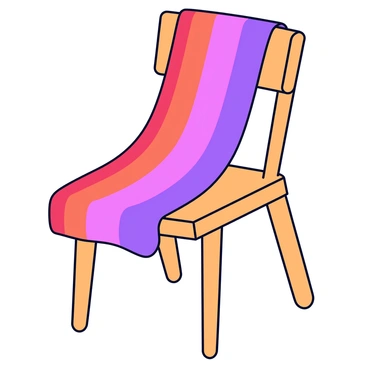 A knitted scarf displaying a gradient of colors that transitions smoothly through the color wheel, ranging from red to purple. The scarf is neatly draped over a wooden chair with a simple design. The chair has a natural wood finish and straight legs, enhancing the focus on the colorful scarf.