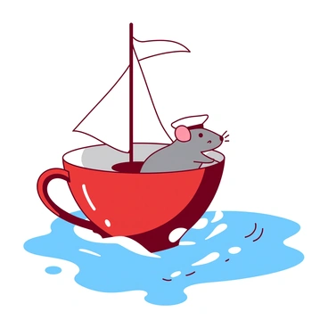 A red teacup is transformed into a small sailing boat, floating on a blue surface. The teacup has a white tiny flag fluttering from its rim. A small grey mouse is standing at the helm, wearing a tiny sailor's hat and looking out towards the horizon. The mouse has one paw on the edge of the cup, balancing as it navigates. The scene is lively, with gentle waves splashing around the teacup boat.