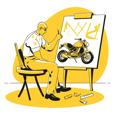 An artist is focused on sketching a detailed motorbike design on a large canvas. The artist, a man with short hair, holds a charcoal pencil and is intently working on the bike's intricate features. The motorbike design prominently showcases its frame, wheels, and engine components, with various angles represented. The canvas is positioned on an easel, and tools such as erasers, additional pencils, and a ruler are scattered around the workspace. Sunlight streams in through a nearby window, casting shadows on the floor, highlighting the concentration on the artist's face.