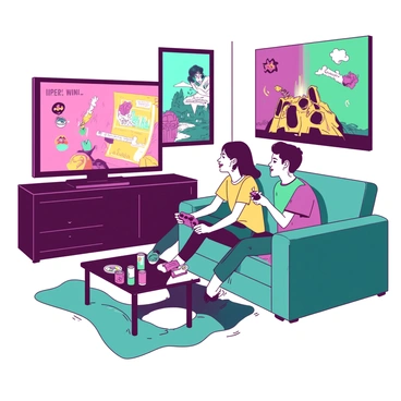 Two friends are sitting closely on a teal, comfy couch, their faces focused and illuminated by the glow of a large television screen in front of them. One friend is holding a game controller, while the other leans forward, with a wide smile, both completely engrossed in their gaming session. The wall behind them is adorned with vibrant game posters in various styles, featuring characters and scenes from popular video games. A small coffee table in front of them holds a few energy drink cans and snacks, contributing to the cozy gaming atmosphere. The room is warmly lit, enhancing the sense of excitement and camaraderie between the friends.
