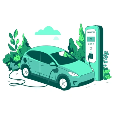 A teal electric car is parked at a charging station, its charging cable connected to the port on the front of the vehicle. The station features a prominent charging unit with a bright display screen that shows the current charging status. Surrounding the station, there are various green plants, including tall leafy shrubs and vibrant flowering plants that add a touch of nature to the scene. The sky above is clear, allowing sunlight to illuminate the electric car and the surrounding vegetation.