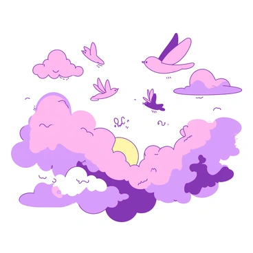 A sky filled with pastel-colored clouds in shades of pink and purple, softly glowing in the light of a setting sun. Various flying creatures with delicate wings are soaring through the clouds, their bodies featuring a blend of pink and purple hues. The clouds appear fluffy and whimsical, creating a dreamy atmosphere as they drift gently across the sky. Some of the creatures are small, flitting playfully among the clouds, while others are larger and gracefully gliding on the breeze.