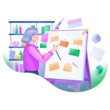 A modern pastel illustration depicting an illustration tutor demonstrating different textures. The tutor, a middle-aged woman with short hair, is standing in front of a large canvas. She holds a paintbrush in one hand and points to a section of the canvas with the other hand. Various materials are scattered around her, including fabric swatches, sandpaper, and sponges. Each material is labeled with its name in small, clear text. On the canvas, there are patches showing different textures, such as rough, smooth, and fluffy. The background features shelves filled with art supplies, creating a vibrant and creative atmosphere.