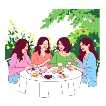 A group of four friends is sitting at a white garden table covered with an array of colorful snacks and tea. Two friends are laughing while holding delicate white teacups, and the other two are reaching for a plate of vibrant pastries. The garden is filled with lush green plants and blooming flowers in the background. A soft breeze is gently moving the leaves of the trees, creating a lively atmosphere. Each friend is dressed casually, enjoying the warm sunlight filtering through the branches above.