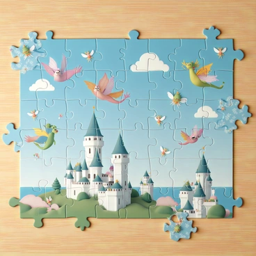 A large jigsaw puzzle spread out on a wooden table, featuring a whimsical fantasy scene. The image on the puzzle is vibrant, showcasing several colorful dragons soaring through a clear blue sky. Below the dragons, there are multiple castles with tall spires and colorful banners fluttering in the wind. Fairies with delicate wings and bright outfits are scattered throughout the scene, some hovering near the castles and others playfully interacting with the dragons. The puzzle pieces are various shapes and sizes, reflecting the intricate details of the artwork.