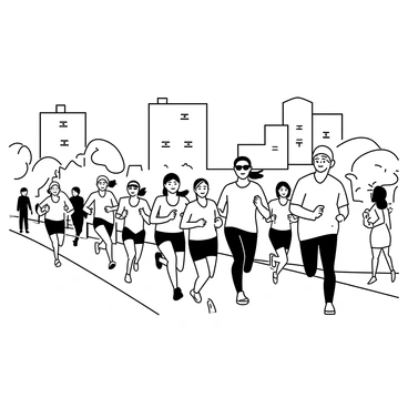 A group of participants wearing vibrant outfits is running energetically through a city park. Each runner has a distinct outfit, featuring a variety of patterns and designs. Some runners are wearing hats and sunglasses for protection, while others have headbands and wristbands. The park is filled with trees and pathways, with spectators cheering along the route. In the background, a few buildings can be seen, indicating the urban setting. The atmosphere is lively as the runners display expressions of determination and excitement.