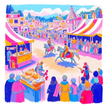 A medieval fair scene features a bustling atmosphere filled with colorful tents and banners. In the foreground, two knights in shining armor are engaged in a jousting match, their horses galloping fiercely, their lances aimed at each other. Onlookers cheer from the sidelines, dressed in period clothing. Nearby, several food stalls are set up, offering various medieval delicacies such as roasted meats, large wheels of cheese, and loaves of bread. A vendor is serving freshly baked pastries to eager customers. The background showcases more stalls and activities, with musicians playing lively tunes, and children running around with small flags. The scene is vibrant with colors and movement.