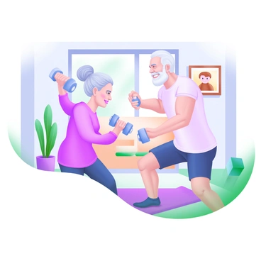 An elderly couple performing a light dumbbell bicep curl exercise together in their living room. The woman, with gray hair tied back in a bun, is wearing a comfortable pastel sweatshirt and leggings. The man, with a short white beard, is dressed in a pastel t-shirt and shorts. They are standing side by side, each holding a light dumbbell in one hand while smiling at each other. The living room has a cozy atmosphere with a soft rug on the floor, a potted plant in the corner, and a large window letting in natural light. A framed picture of a family is visible on the wall behind them.